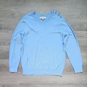 Loft Women's Solid Blue Crew Neck Long Sleeve Button Detail Sweater X-Large XL